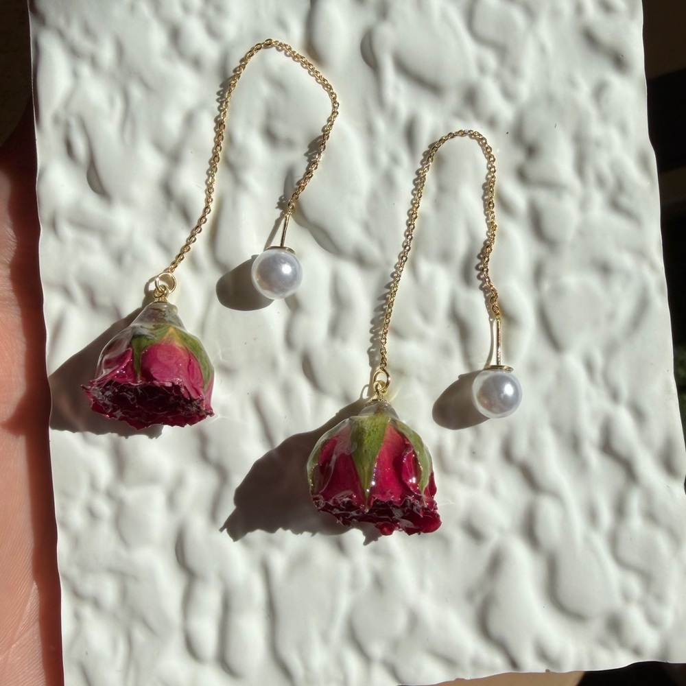 Rose Flower Dangle Earrings with Pearl - Picture 2 of 4